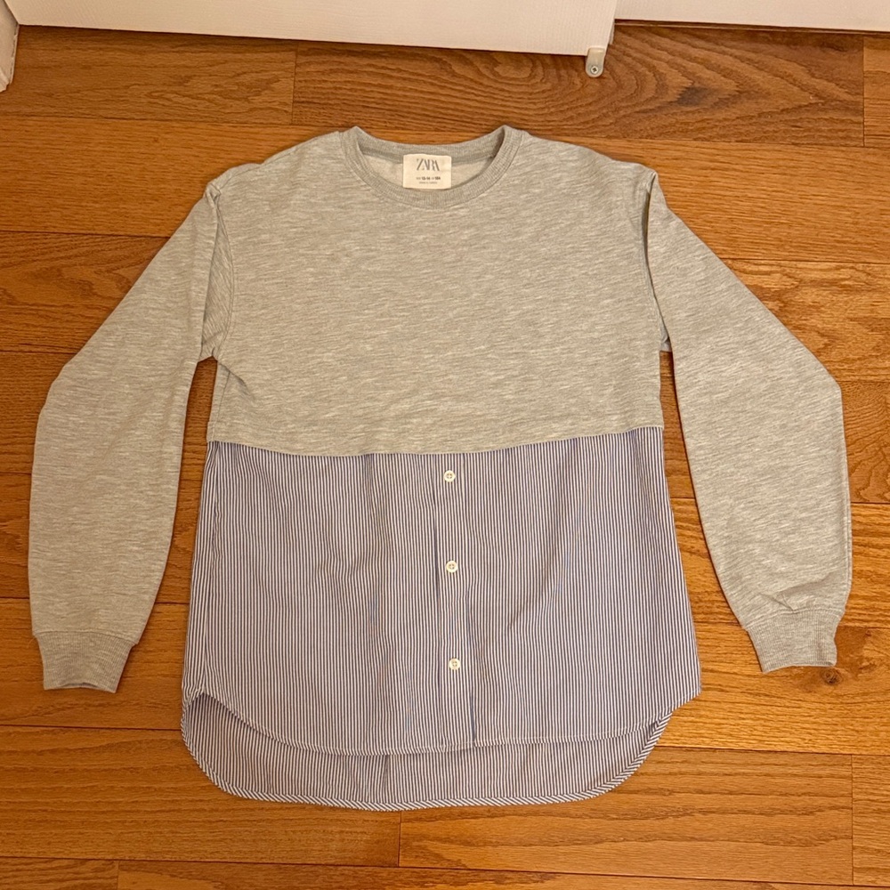 Zara Heather Gray Sweatshirt with Blue Pinstripe Shirt Hem